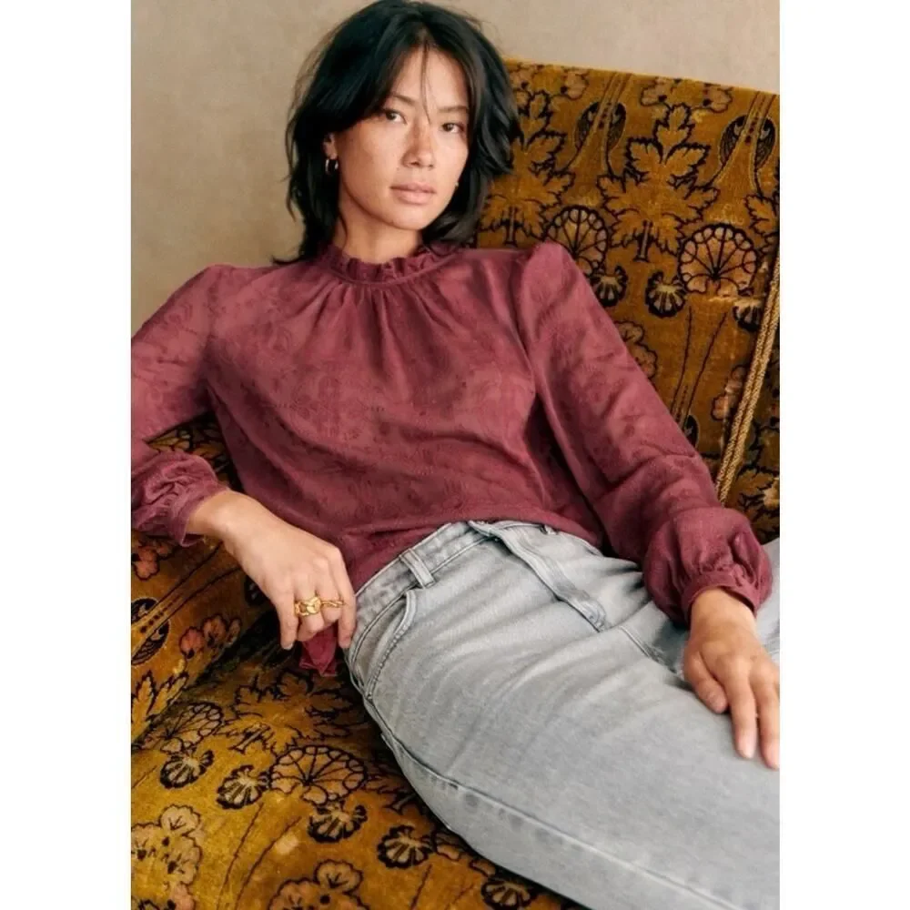NWT Sezane Embroidered Cotton High Neck Blouse Berry Mauve US 4